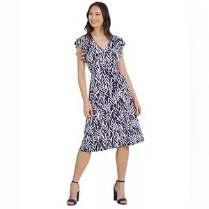 London Times Blue White Ruffle Sleeve Fit Flare Dress New